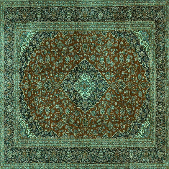 Ahgly Company Machine Washable Indoor Square Medallion Turquoise Blue Traditional Area Rugs, 8' Square