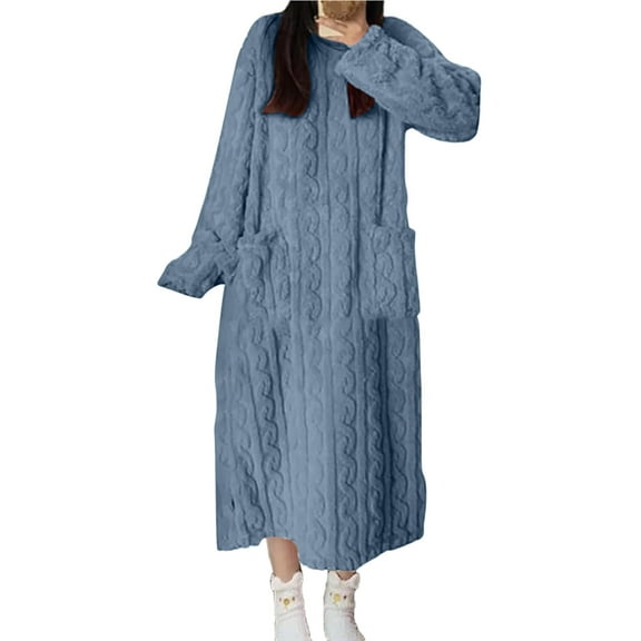 Fancifize Flannel Robe for Women Long Sleeve Bathrobe with Pockets Shower Nightgown Long Casual Loungewear Soft Pajamas