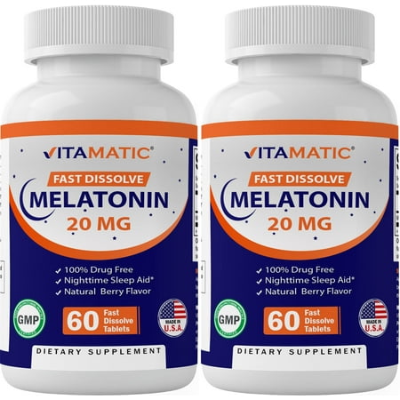 2 Pack High Potency Melatonin 20mg Tablets | Vegetarian Non-GMO Gluten Free | 60 Fast Dissolve Tablets | Natural Berry Flavor |