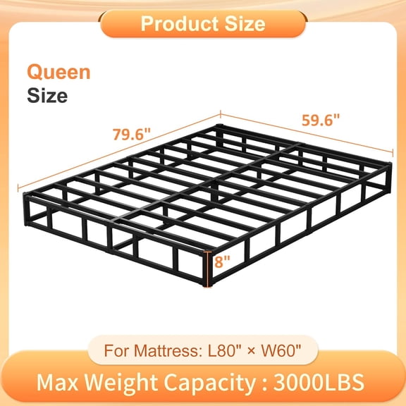Box Spring for Queen Bed 8 Inch, High  Metal Queen Box Spring Bed Base with Fabric Cover, Sturdy Mattress Foundation, Easy Assembly, Noise Free, Black