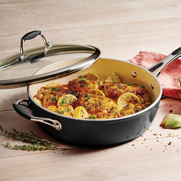 Ceramica Deluxe 11-Inch Saute Pan with Lid, Ceramic Non Stick Deep Skillet, Oven-Safe, Metallic Black