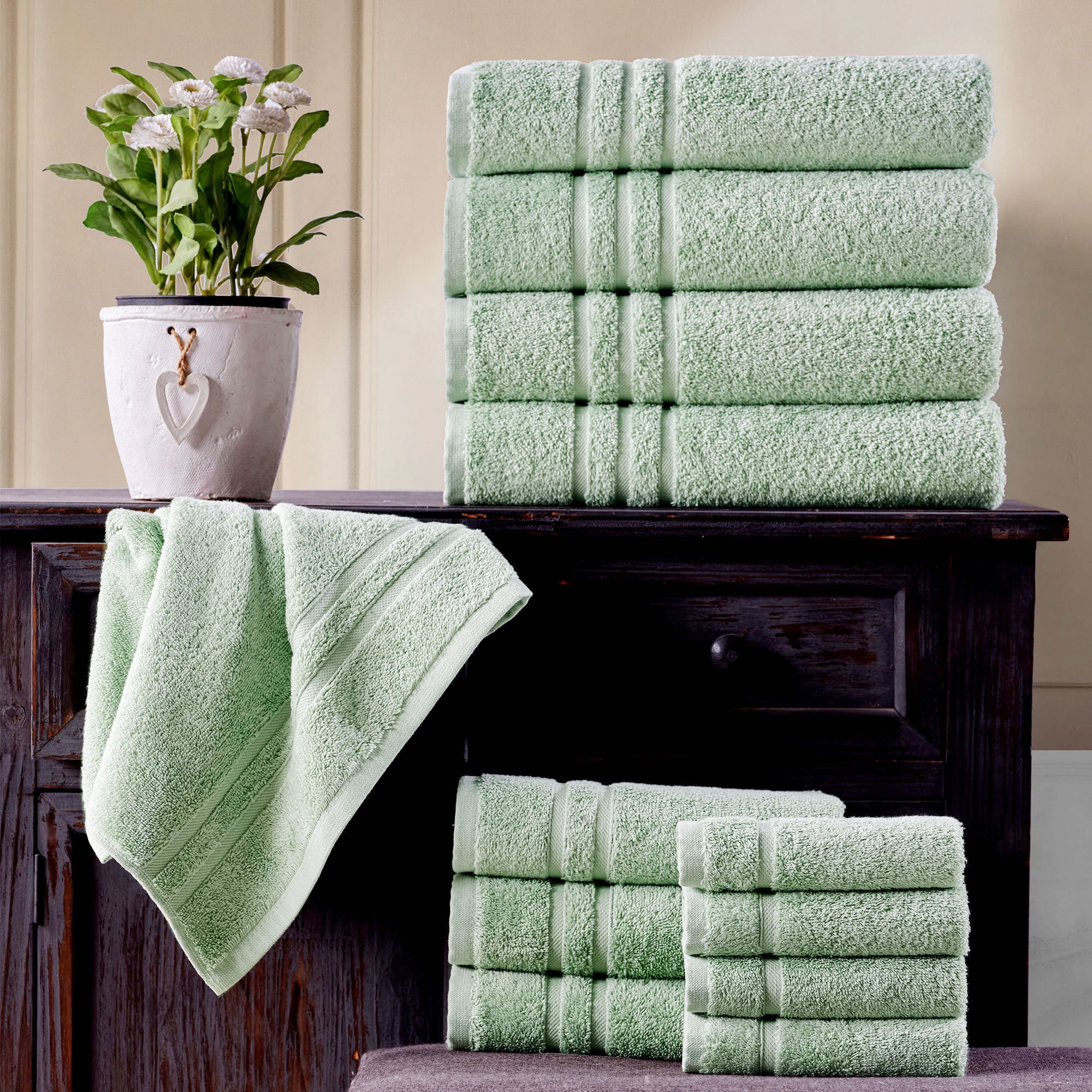 Hawmam Linen Light Green Bathroom Set - 12-Piece Towels - Includes 4 Bath Towels, 4 Hand Towels, 4 Washcloths - Soft, Fluffy, Quickdry, Luxury 100% Turkish Cotton, 600 GSM, Eco-Friendly, Hotel