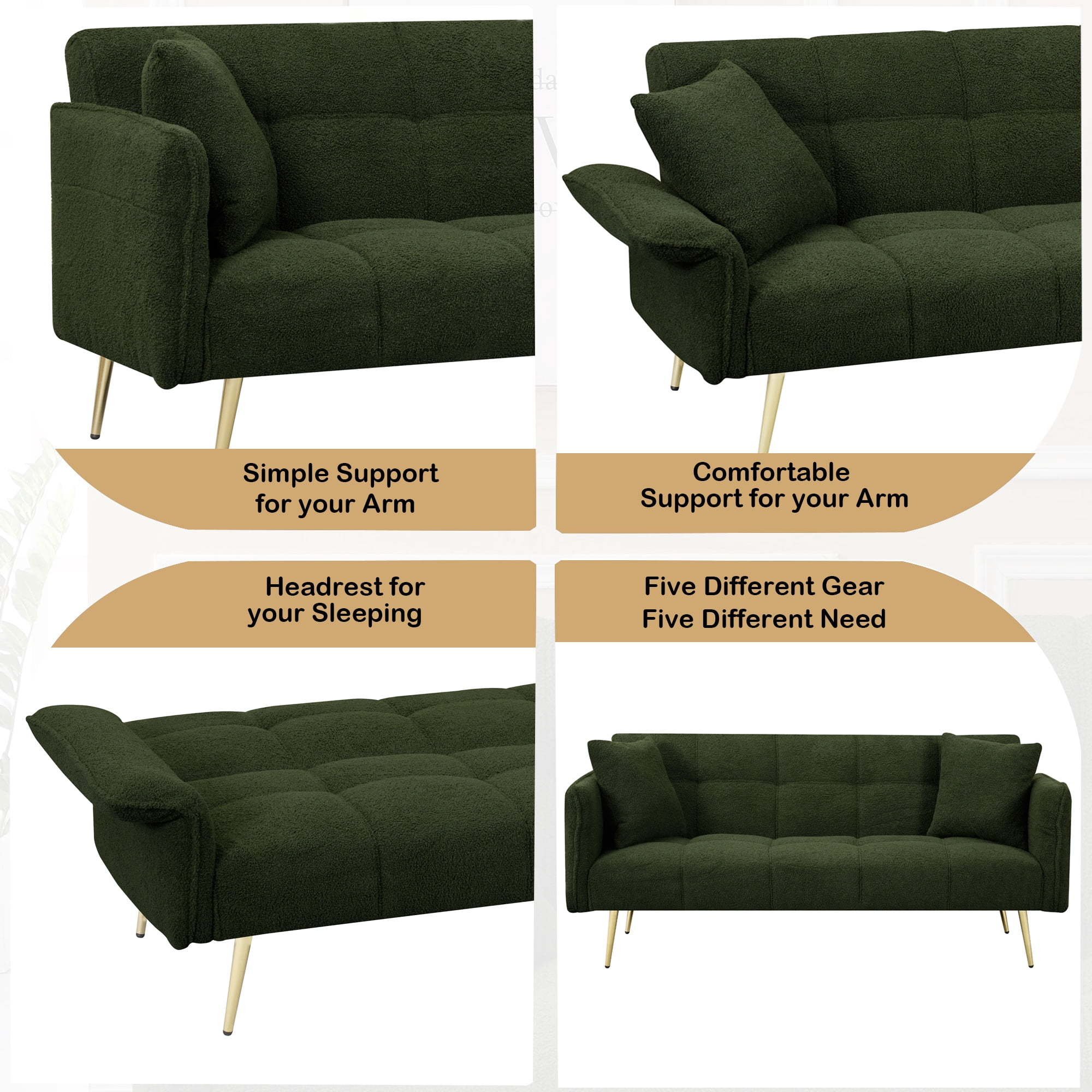 CARZZI 70" Upholstered Teddy Loveseat Sofa, Convertible Futon Sofa Couch with Adjustable Arms, Deep Seat 2 Seater Comfy Cushion Love Seat for Small Space Living Room Bedroom Apartment, Green