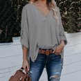 thumbnail image 3 of Blusa de manga larga para mujer Cuello en V Dobladillo irregular Diseño dividido Ajuste holgado Color sólido Top informal Gris XL, 3 of 7