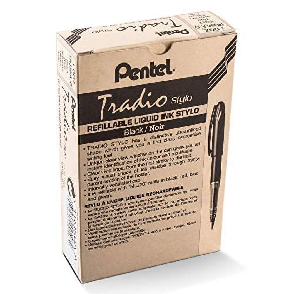 Pentel Tradio Fountain Refillable Black Ink Pen - Black Barrel (Pack of 12)