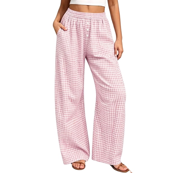 hoksml Women's Gingham Wide Leg Pants Elastic High Waist Button Front Pleated Lounge Trousers with Pockets for Vacation and Daily Casual
