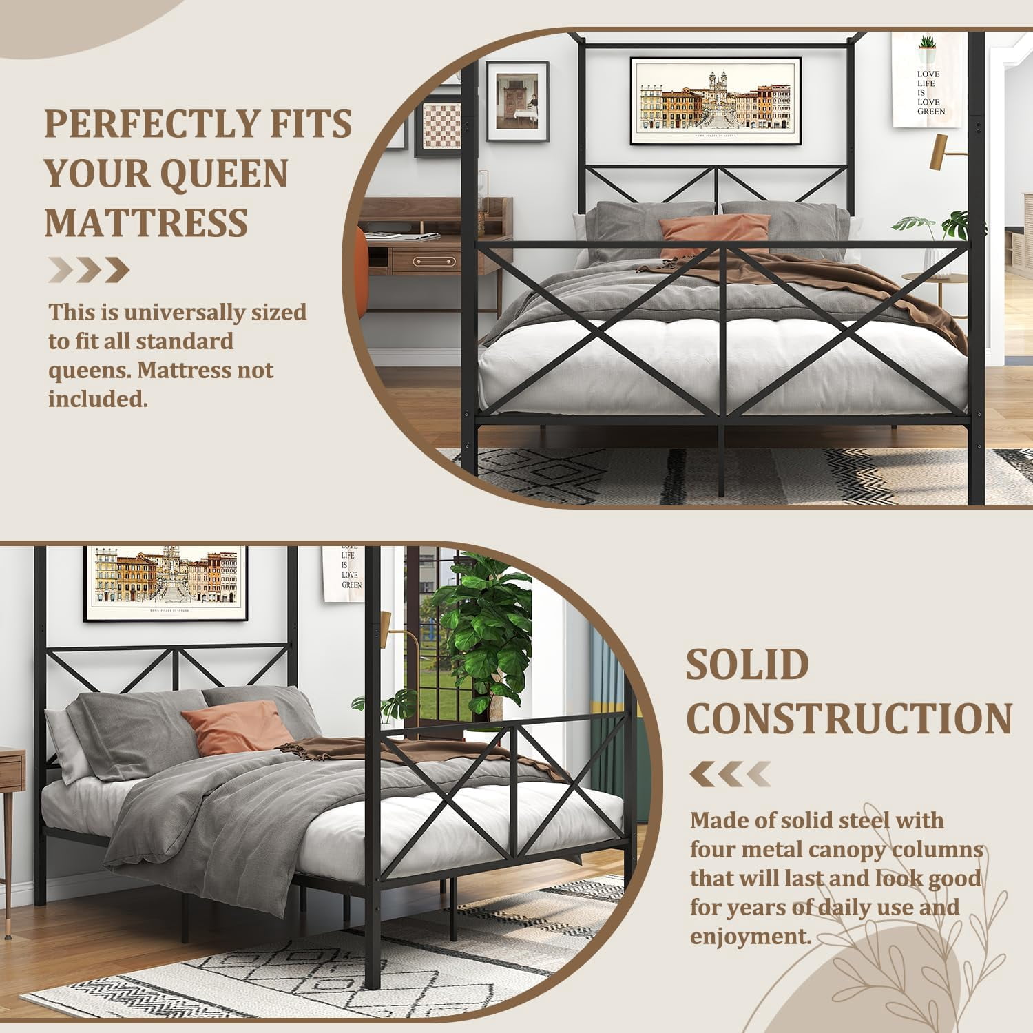 Leumius Queen Metal Canopy Bed Frame,Platform Bed Frame Queen with X Shaped Frame,Black