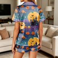 thumbnail image 6 of Women Halloween Pajama 2 Piece Set Candy Pumpkin Short Sleeve Lapel Collar Horror Shirts Matching Spiderweb Castle Wide Leg Spooky Shorts, XL, 6 of 6