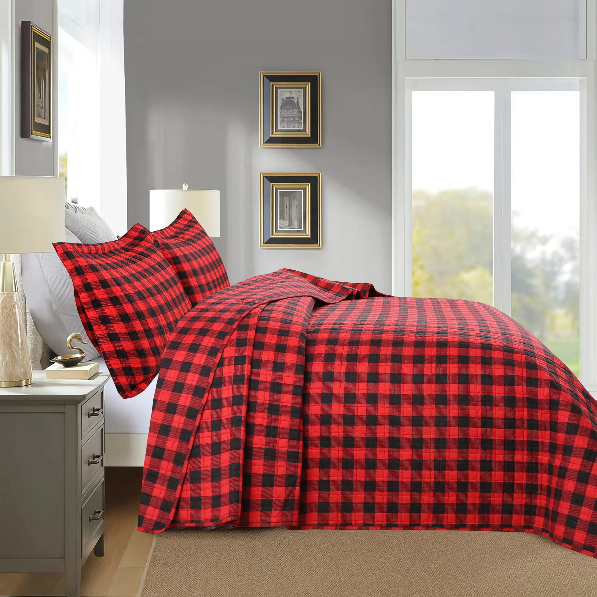 3-Piece Christmas Buffalo Plaid Quilt Set – Red & Black Gingham Bedspread ME506