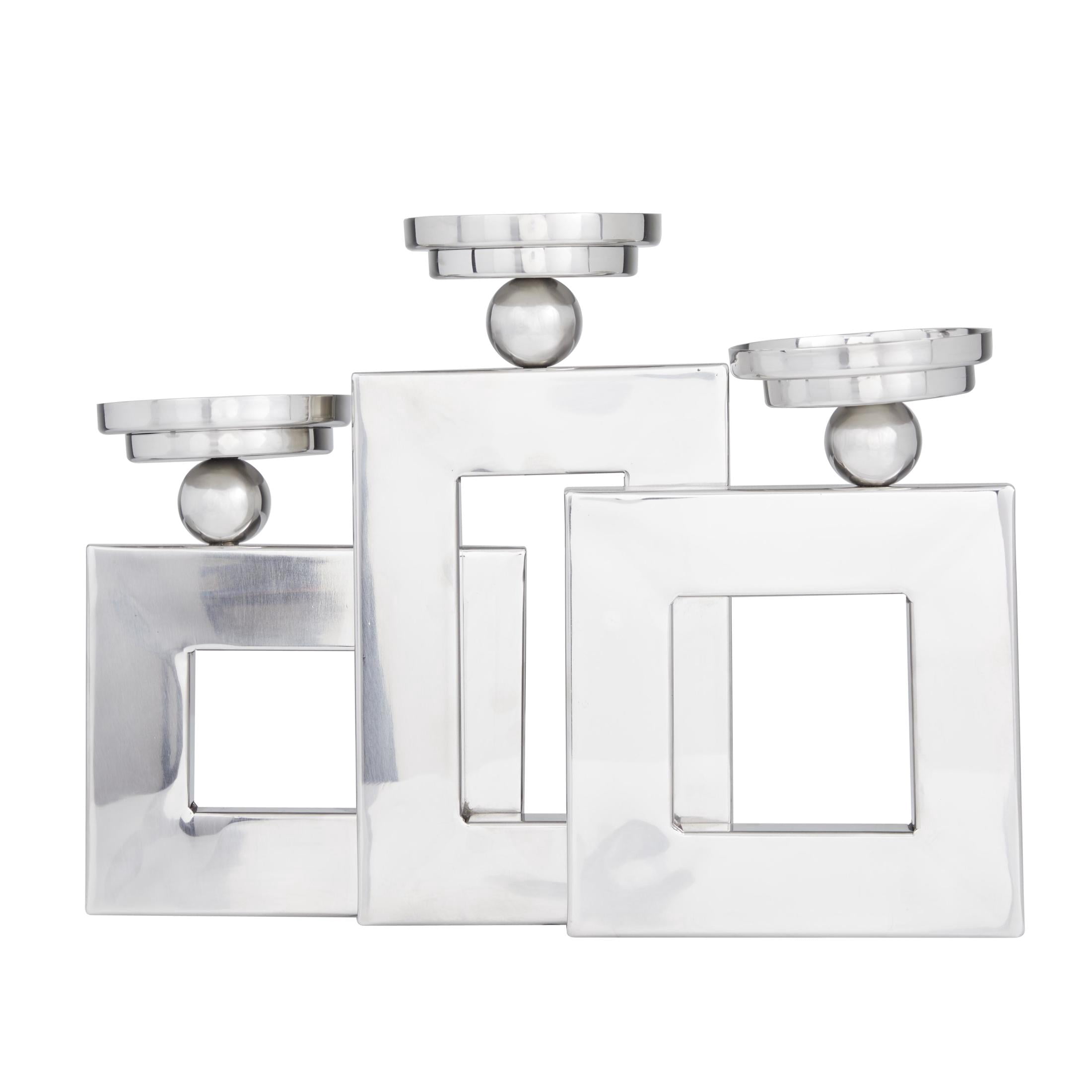 DecMode 3 Candle Silver Stainless Steel Metal Pillar 3 Plate Candle Holder
