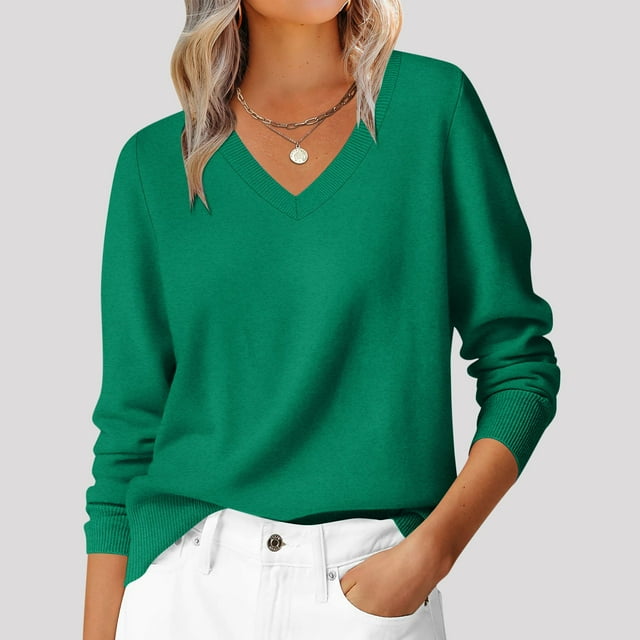 HOZADOIE Green Women's Sweaters Solid Color Long Sleeve V Neck Versatile Loose Simple Comfortable Pullover Sweater Spring Fall Style