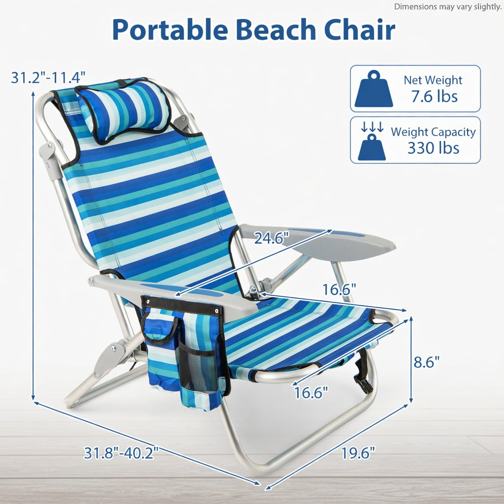 Hommoo 2-Pack Lightweight Folding Beach Chairs for Adults, 4-Position Adjustable Backrest, Rust-Resistant Aluminum Frame, Oxford Fabric Seat, Blue