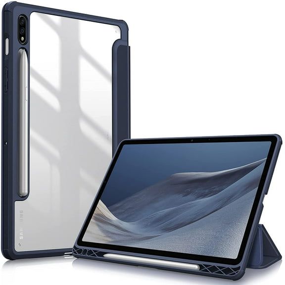 Fintie Shockproof Case for Samsung Tab S8 11 2022/ Tab S7 11 inch 2020 Tablet, Built-in S Pen Holder Hybrid Slim Cover Clear Transparent Back Shell, Auto Wake/Sleep, Navy