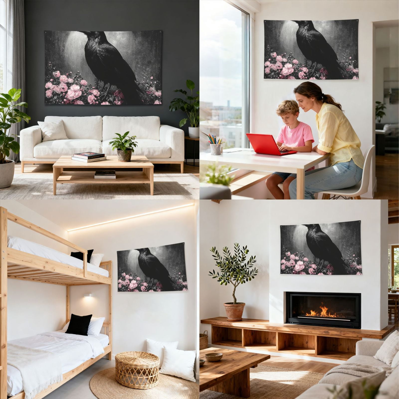Crow Raven Flowers Full Moon Black Four Hole Decorated Banner Flag for Garden Yard Home Decoration Indoor Outdoor 4x6 Ft