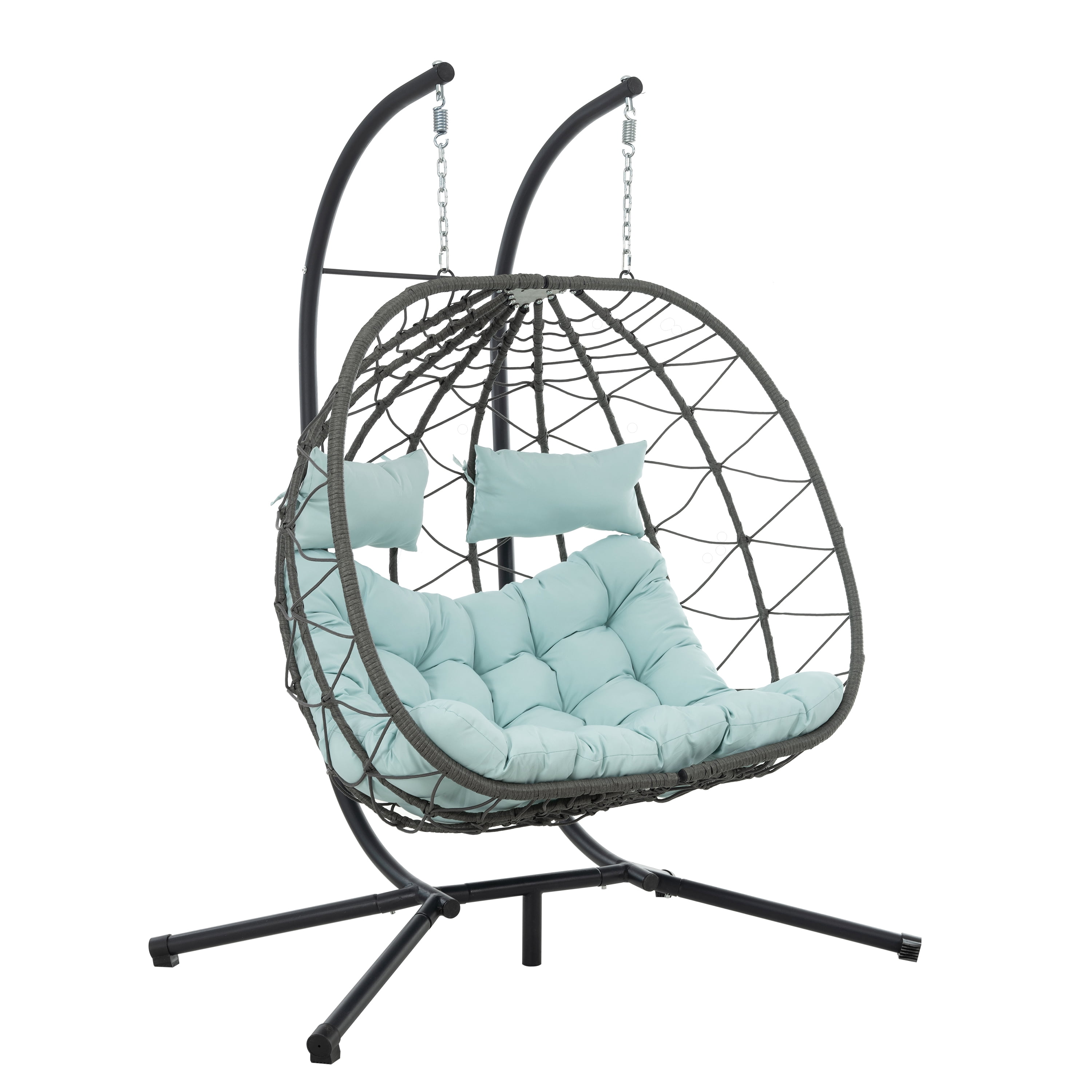 2 Persons Egg Chair with Stand, Indoor Outdoor Swing Chair Patio Wicker Hanging Egg Chair for Bedroom, Coral Blue