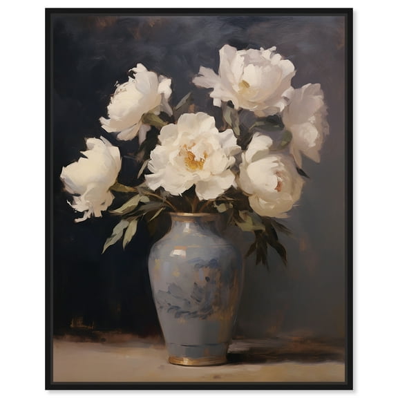 Flowers In Porcelain Vase Classical Canvas Wall Art by Art Remedy, Black Floater Frame, 16"x20"