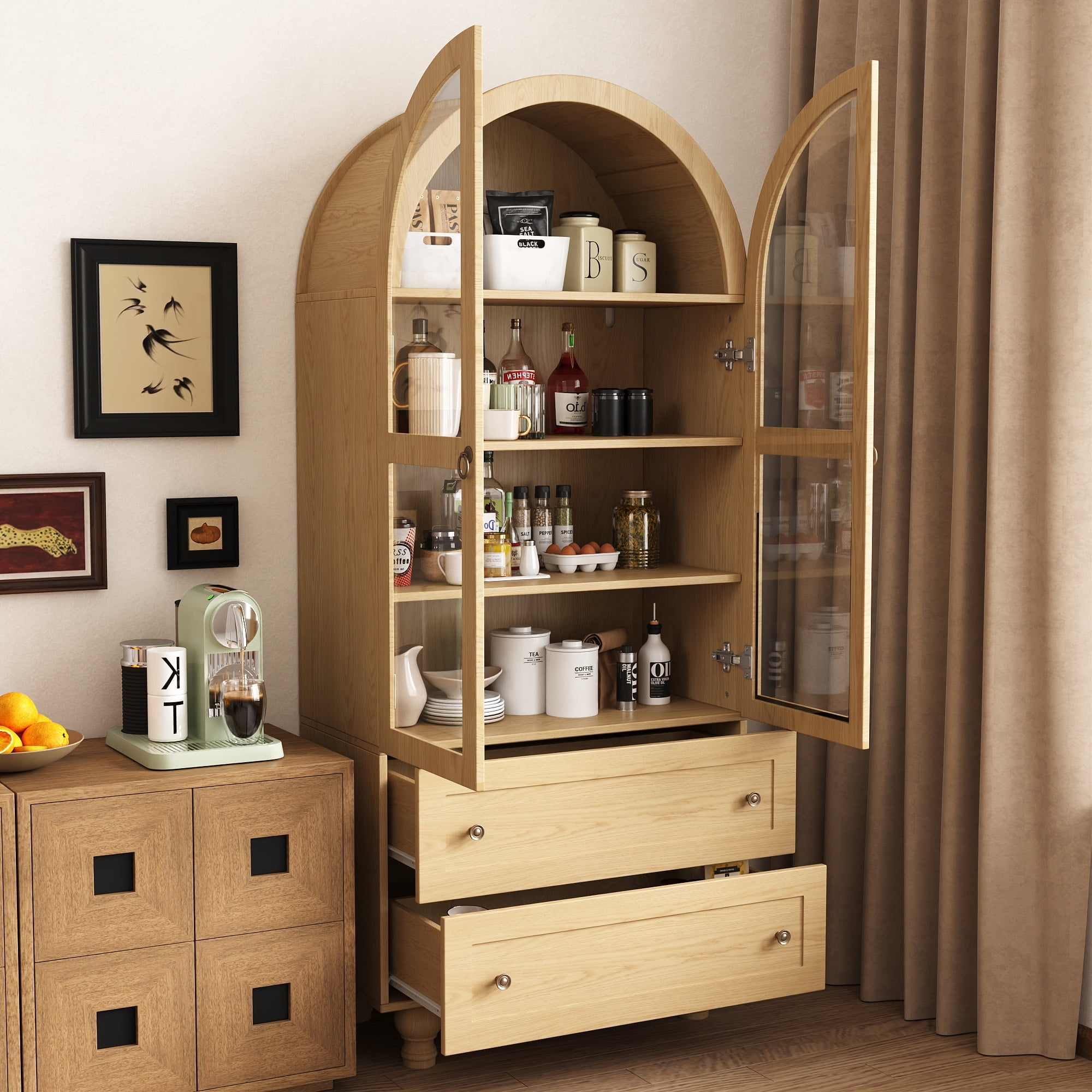 NEGYLIM 71'' Arched Kitchen Pantry Cabinet & Display Cabinet with Glass Doors, 4 Shelves, 2 Drawers, Solid Wood Legs, Suitable for Kitchen, Bedroom and Living Room, Easy Storage