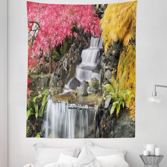 Rainforest Tapestry, Tropical Fall Stream with Colorful Exotic Flowers Nature Wildlife, Fabric Wall Hanging Decor for Bedroom Living Room Dorm, 5 Sizes, Pink and Yellow, by Ambesonne