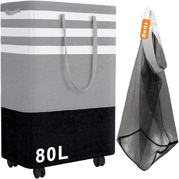 80L Large Laundry Hamper with 4 Wheels, Collapsible Waterproof Laundry Basket with Handles, Rolling Freestanding Clothes Hamper for Bedroom, Bathroom, Laundry Room, Dorm