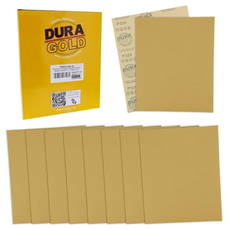 

Dura-Gold Premium Sandpaper - 320 Grit - Full Size 9 x 11 Sheets Wood Workers Gold Plain Backing - Box of 10 Sheets - Hand Sand Block Sanding Cut for Use On 1/4 1/3 1/2 Sheet Finishing Sanders
