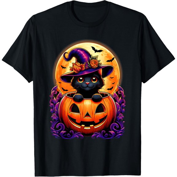 Black Cat Witch Hat Pumpkin Funny Halloween T-Shirt