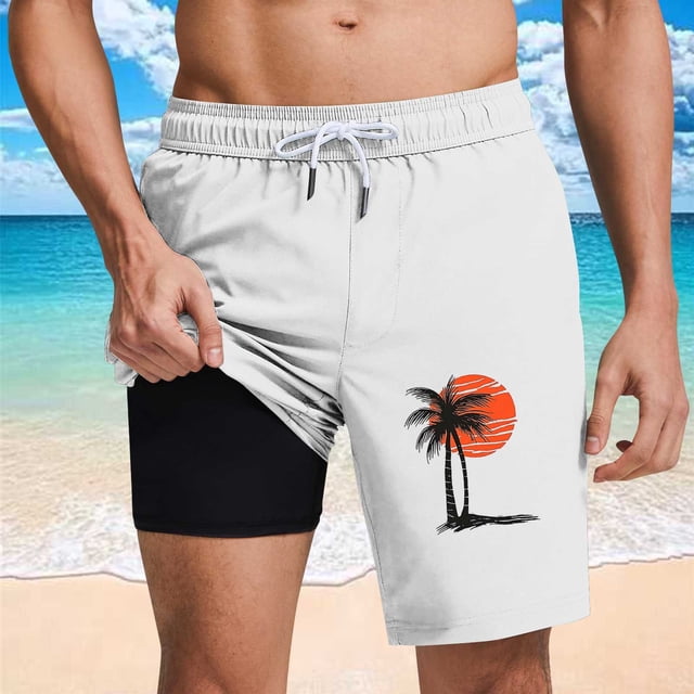 Ceisia Men's Quick Dry 2-in-1 Board Shorts with Palm Tree Print & Elastic Drawstring Waist Gifts