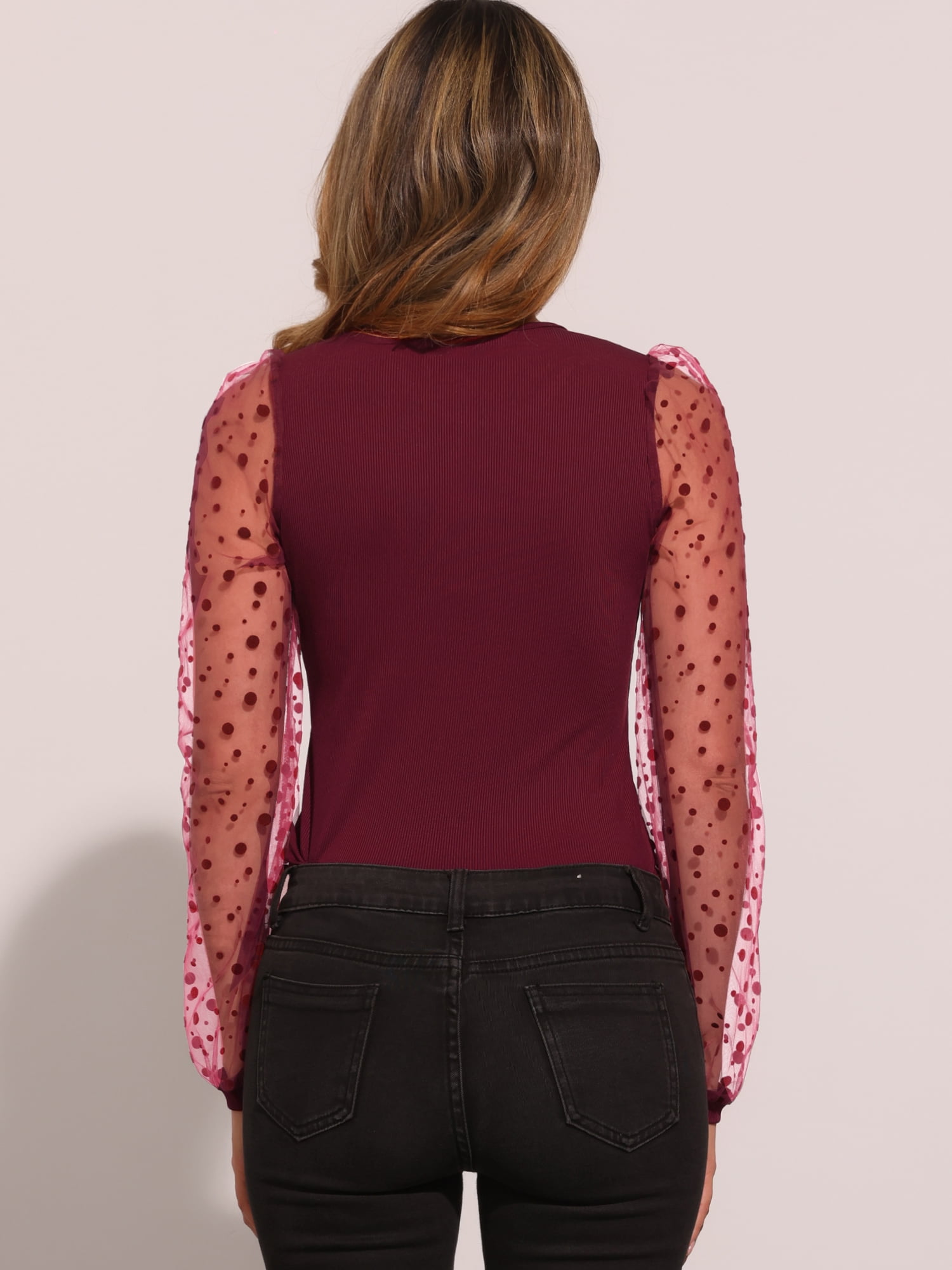 DARING DIVA Polka Dot Sheer Long Sleeve Crew Neck Bodysuit XL Burgundy