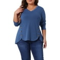 thumbnail image 1 of Blusas de mujer de talla grande Agnes Orinda con mangas largas, escote en V, sueltas y decoradas con botones 1X azul, 1 of 8