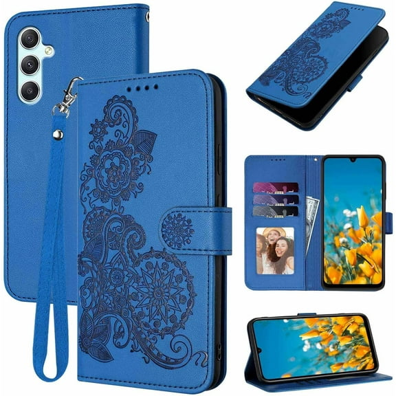 for Galaxy A15 5G Phone Case Wallet,A15 5G Flip Cases,Card Holder Cute Floral Leather Kickstand,Wrist Strap,Magnetic,Shockproof Protective Cover for Samsung Galaxy A15 5G / 4G (Blue)