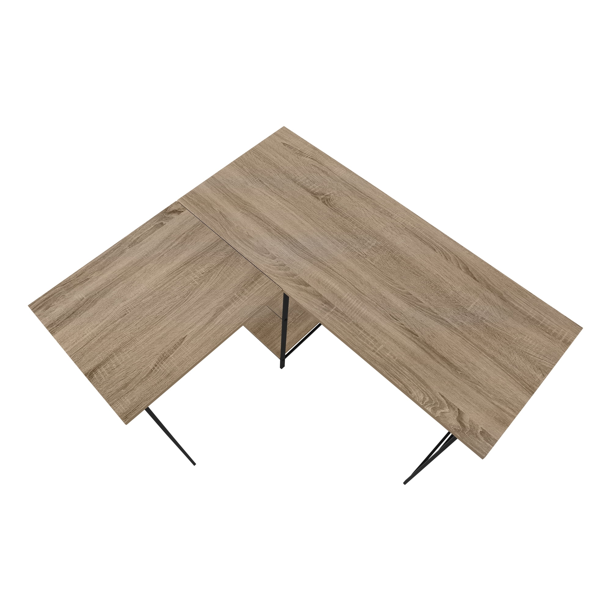 48 Inch L Shaped Dark Taupe Computer Desk with Black Sawhorse Legs and Shelves