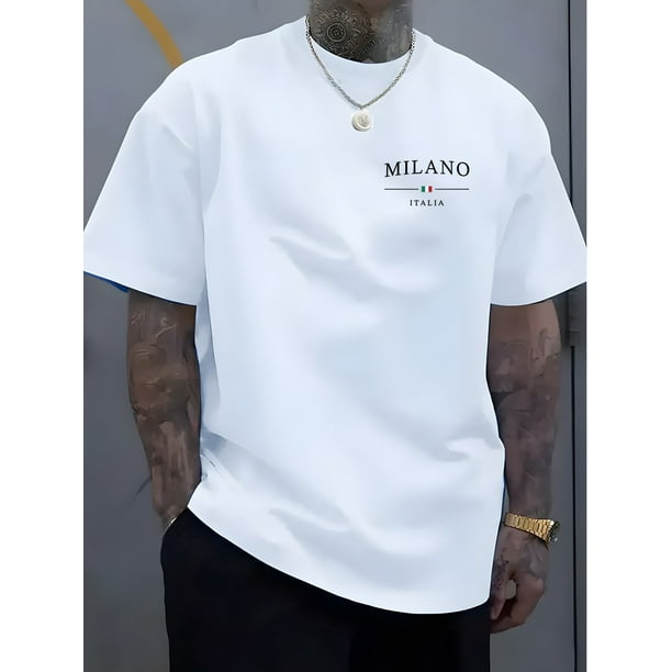 Men's Casual Short Sleeve T-Shirt with Italian Milan Graphic Print - Light Beige Crew Neck Summer T-Shirt, Breathable Regular Fit, Machine Washable, Fashionable Casual Wear, Comfortable Fabric