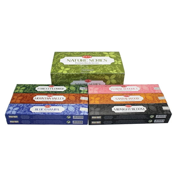 Hem Nature Series Premium Incense - 12 Packs of 15 Gram Each - With Six Different Scents - Blue Champa, Forest Flower, Floral Bouquet, Sandalwood, Midnight Blossom, and Mountain Valley