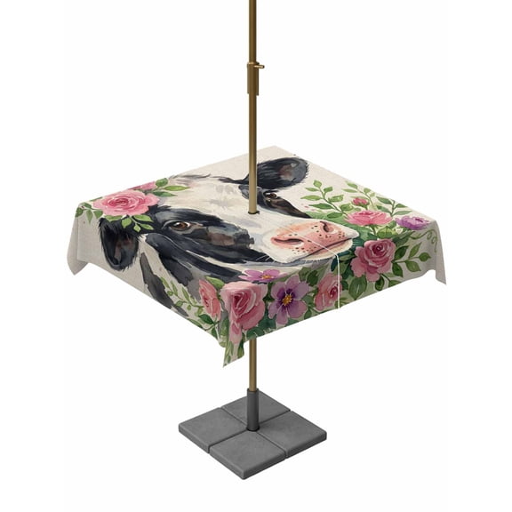 Outdoor Tablecloth with Umbrella Hole for Patio/Picnic/Party/Camping, Cozy Farm Days Cow Waterproof Table Cloth Square Cover Washable, Spring Summer Floral Farmhouse (60"x 60")