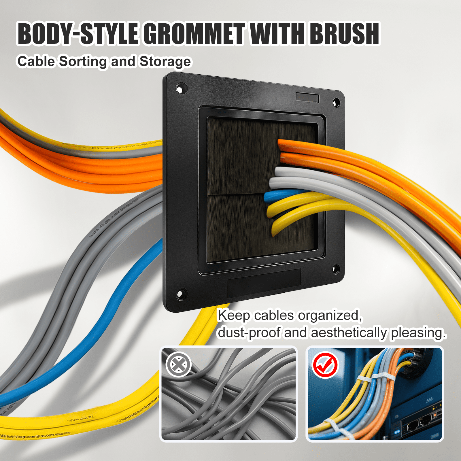 6.89-Inch Square Cable Brush Grommet, Raised Frame Floor Grommet for Data Center Airflow Optimization, Flame-Retardant ABS & Nylon Bristles