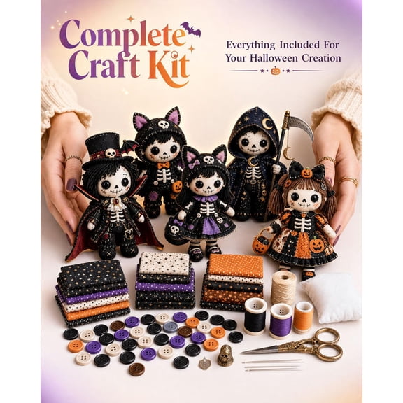 Patchwork Skeleton Witch Girl DIY Kit, Halloween Sewing Craft Kit for Adults and Teens, Beginner-Friendly Gothic Cute Handmade Doll Making Set, Seasonal Decor Gift (#04)