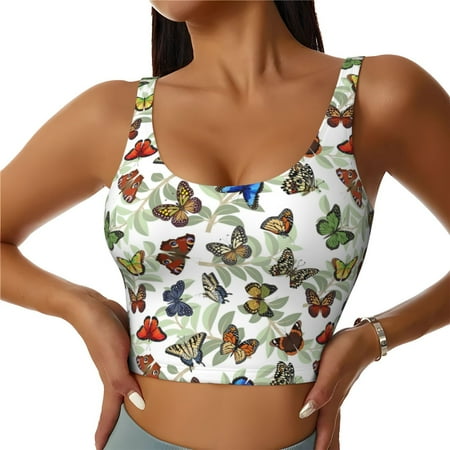 Jgfou Multicolored Butterflies Print Womens Sports Bra - Padded Workout Sports Bras Crop Tank Top