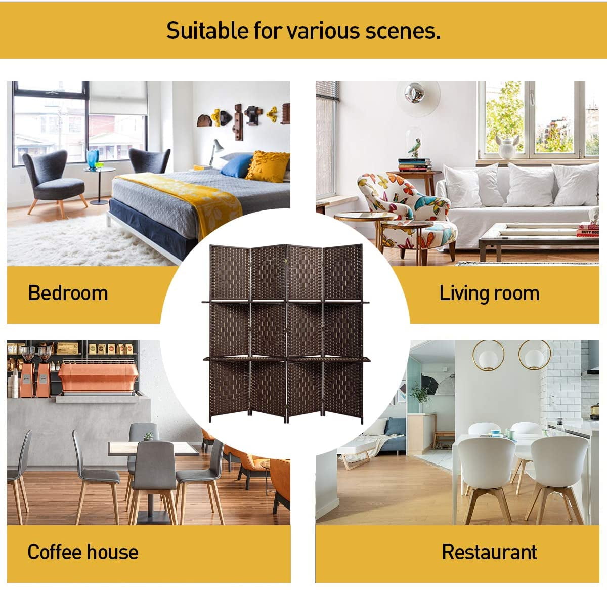 4-Panel Room Divider with 2 Partitions, 6ft Tall Folding Freestanding Privacy Screen for Living Room Bedroom Office, Dark Brown