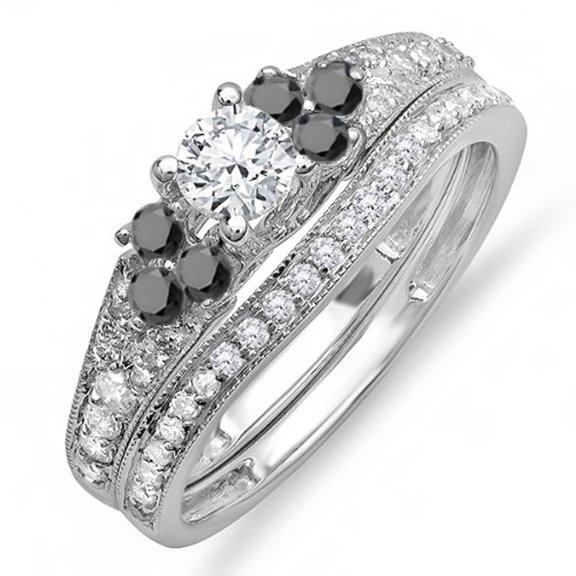 Dazzlingrock Collection 1.00 Carat (ctw) 10k Round Black & White Diamond Ladies Bridal Engagement Ring Set, White Gold, Size 8.5