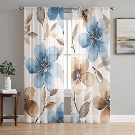 Blue Brown Spring Floral Sheer Curtains 84 Inch Length 2 Panels Set, Summer Botanical Farmhouse Voile Window Treatment Rod Pocket Curtains Sheers Drapes for Bedroom/Living Room/Kitchen 52"x84"x2