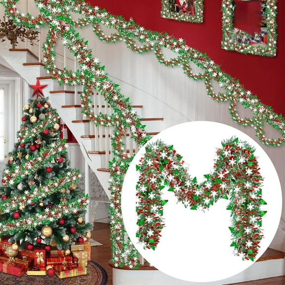 Miommo 6.5ft Christmas Tinsel Garland, Red and Green Metallic Holiday Decor with White Snowflakes & Trees, Xmas Party Decorations for Stairs, Wall, Door