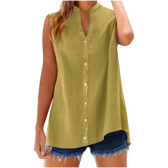 cfhntfmh Women's Cotton Linen Button down Tank Tops Lightweight Breathable Summer Sleeveless Blouses Plus Size Fashion Clothes