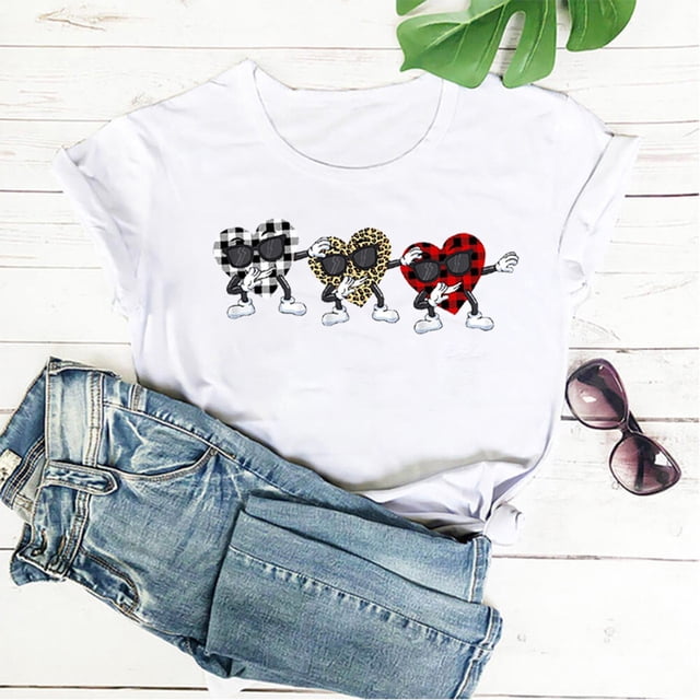 Hauts d'Été Grande Taille pour Femmes Chic Femmes Imprimé Léopard Amour Manches Courtes Col Rond T-shirt Ample Hauts T-shirt Col en V Femmes en Liquidation