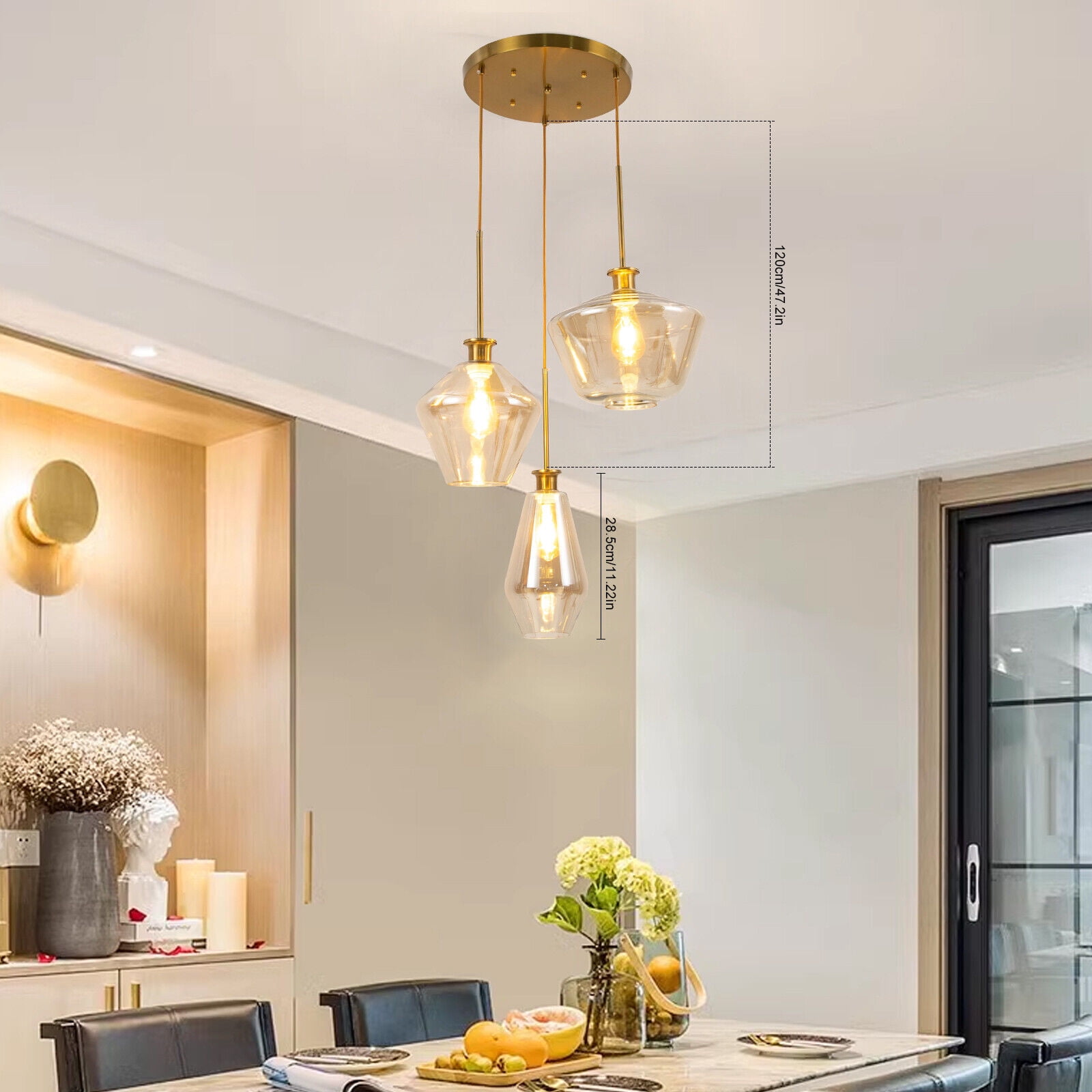 Miumaeov Modern 3-Light Pendant Light Fixtures Flush Mount Gold Hanging Ceiling Lamp with Glass Shade & Adjustable Height for Kitchen Island Living Room Hallway Hall