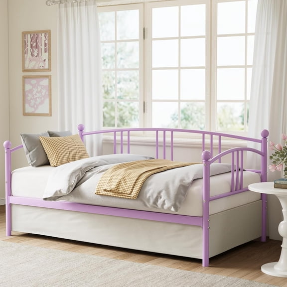 Twin Daybed Without Trundle, Metal Twin Size Daybed with Underbed Storage Space, Steel Slat Support Sofa Bed for Living Room, Bedroom, Guest Room, Purple