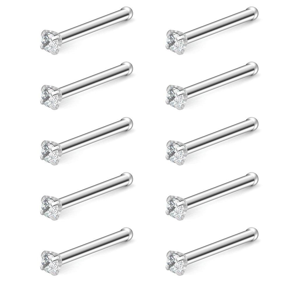 Nose Screw Rings Studs Surgical Steel Piercing Jewelry 2mm Clear CZ Nose Rings 10Pcs