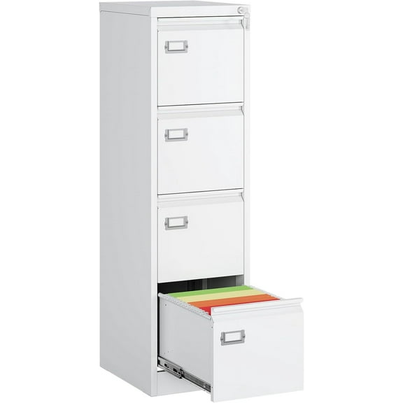 MIIIKO 4 Drawer File Cabinet, White Vertical Filing Cabinets with Lock, Home Office File Folders Storage Cabinet for Letter Legal A4 File Size