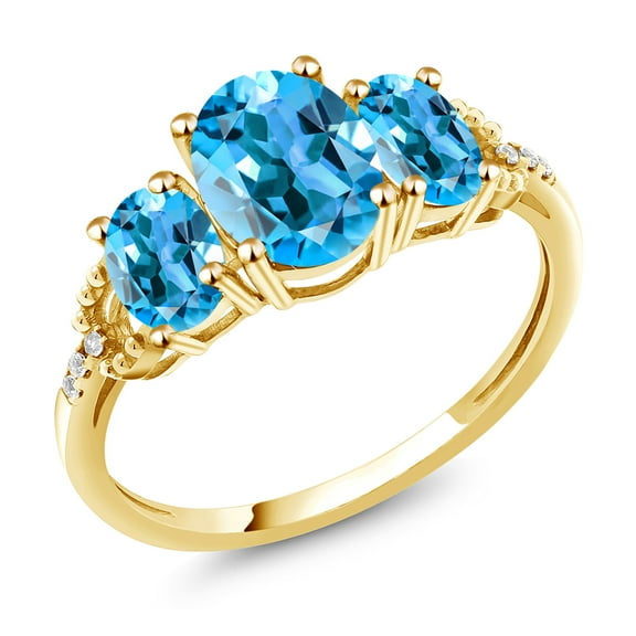 Gem Stone King 10K Yellow Gold Oval Swiss Blue Topaz 3 Stone Ring for Women (2.64 Cttw, Gemstone Birthstone, Size 8)