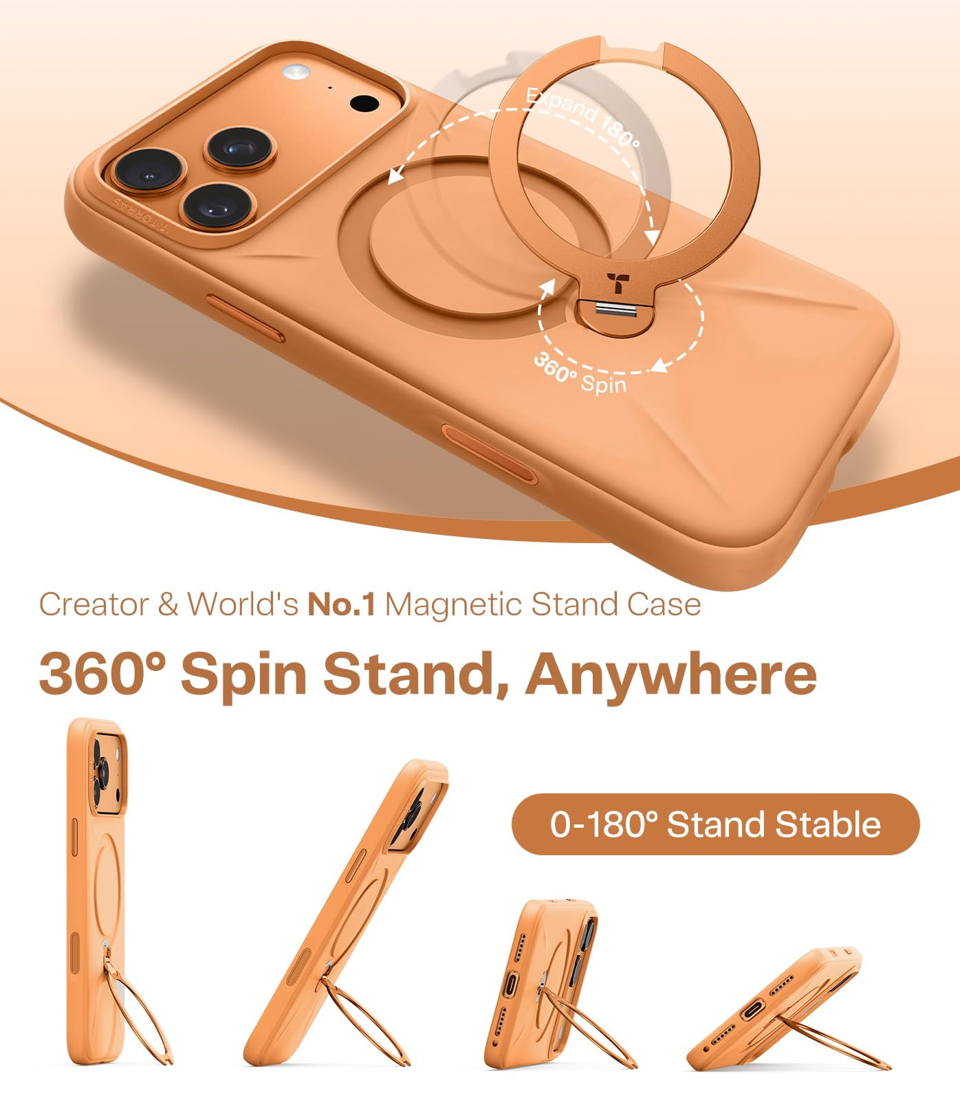 TORRAS Ostand Q3 Silicone for iPhone 17 Pro Max Case, Fit for MagSafe, 360 Spin Ring Stand, Liquid Silicone Cozy Vibrant Grip, Camera Control, Protective Case for iPhone 17 Pro Max, Cosmic Orange