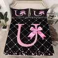 thumbnail image 2 of Manfei Kawaii Bowknot Letter U Twin Sheet Sets, Glitter Diamond Twin Fitted Sheet, Black Pink Cartoon Flat Sheet, Ultra Soft Home Decor, 3pcs, 2 of 7