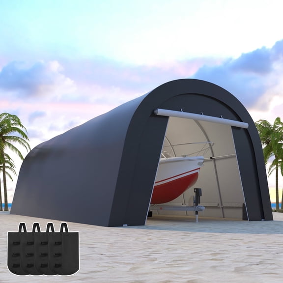 CozyHome 12' x 25' Domed Carport with 4 Cloth Bags, Portable Garage with 2 Roll-up Doors, All-Weather Storage Shelter Shed for Cars, Truck, or Garden Tools